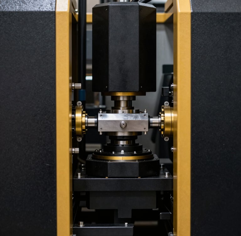 Macro detailed shot of high-end manufacturing machinery, sharp industrial daylight, high-contrast black and gold tones, architectural framing