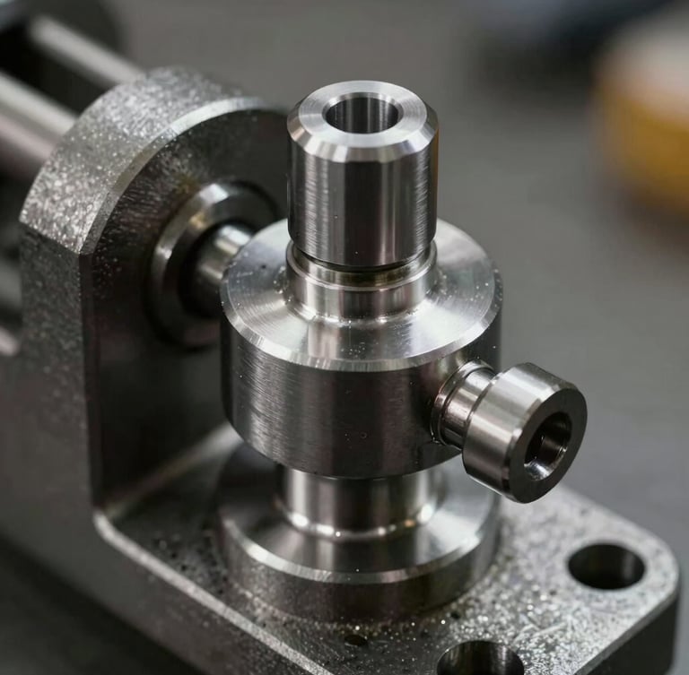 Macro shot of a newly machined steel bushing being pressed into a vintage mechanical linkage, high-contrast workshop lighting.
