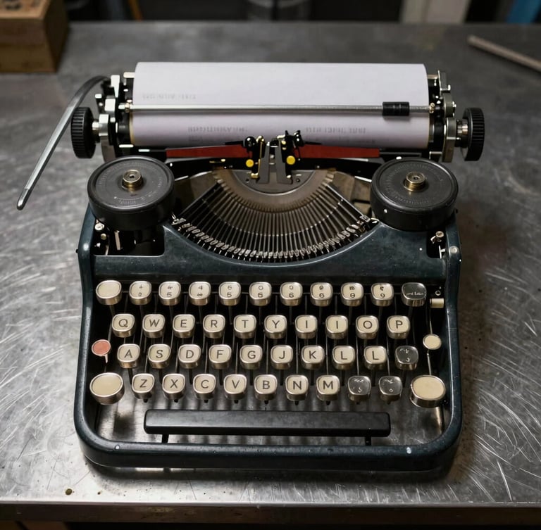 Top-down flat-lay of disassembled vintage typewriter linkages on an oiled-steel workbench, high-contrast dramatic side lighting.