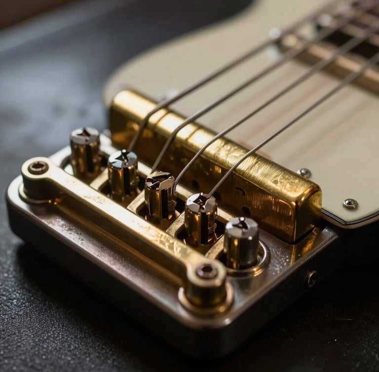 Extreme close-up of a vintage guitar bridge, brass saddles catching dramatic workshop light, steel strings under high tension, macro detail of adjustment screws.