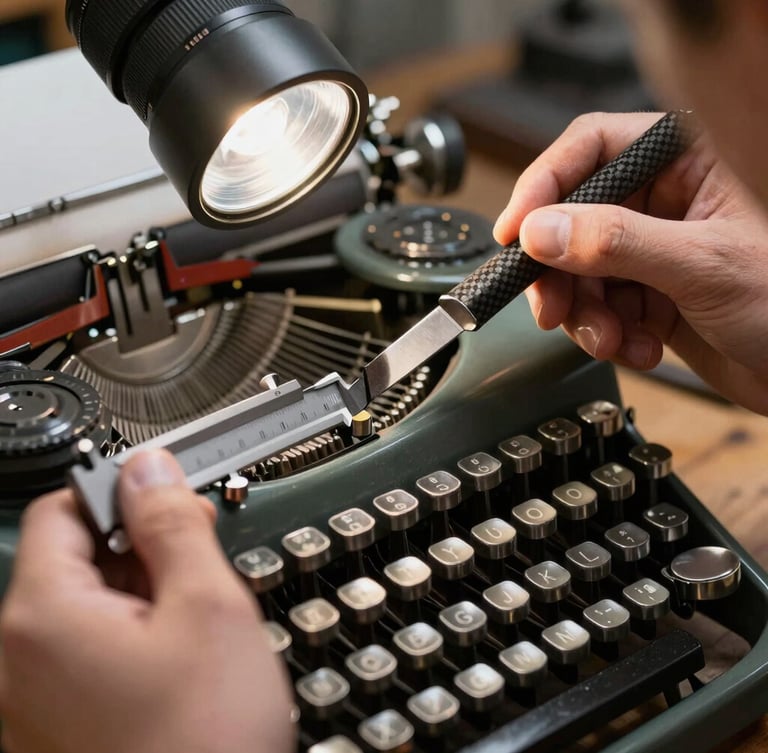 A master technician using carbon steel feeler gauges to measure the clearance of a vintage typewriter escapement under a focused spotlight.