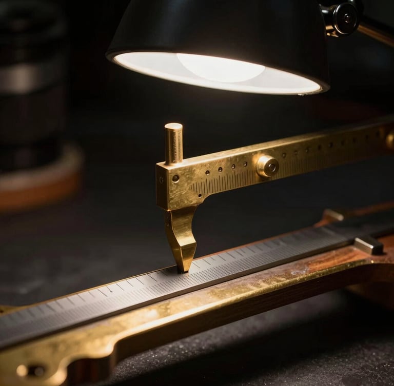 Macro close-up of a brass feeler gauge measuring guitar neck relief under a single focused bench lamp, deep shadows, high contrast.