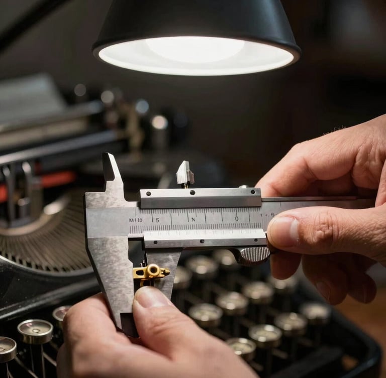 Extreme close-up of hands using precision metal calipers to measure a brass typewriter escapement under a single focused bench lamp, deep shadows.