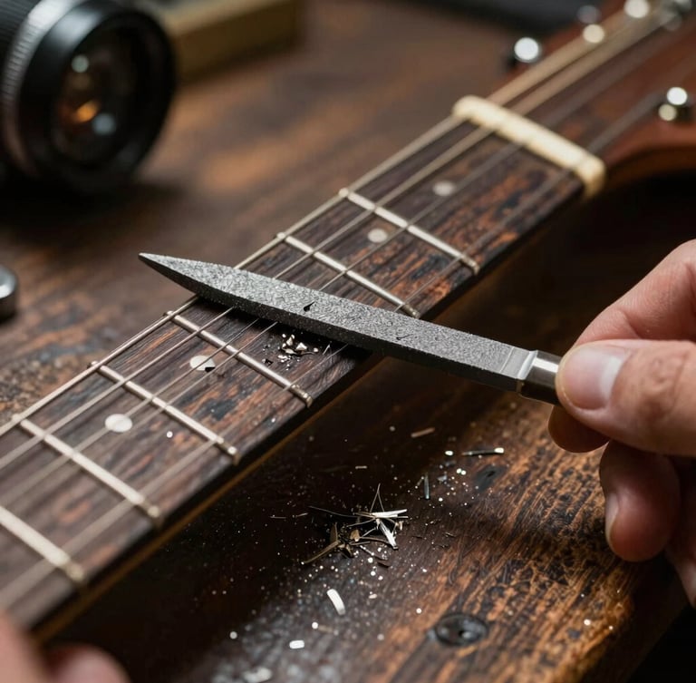Extreme close-up of a guitar fretboard being leveled with a steel file. Metal shavings rest on the dark wood under high-contrast workshop lighting, showing absolute precision.