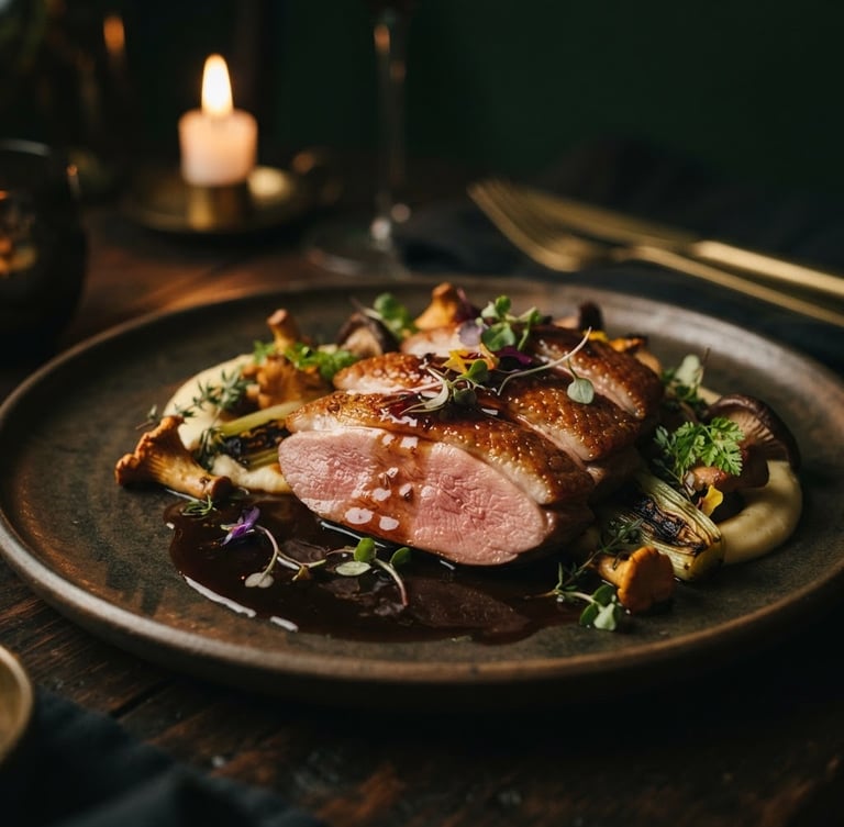 A macro close-up of a beautifully plated dish featuring tender duck breast with a rich bamboo-infused reduction sauce, warm candlelit glow, deep forest green background, moody editorial food photography, 50mm lens