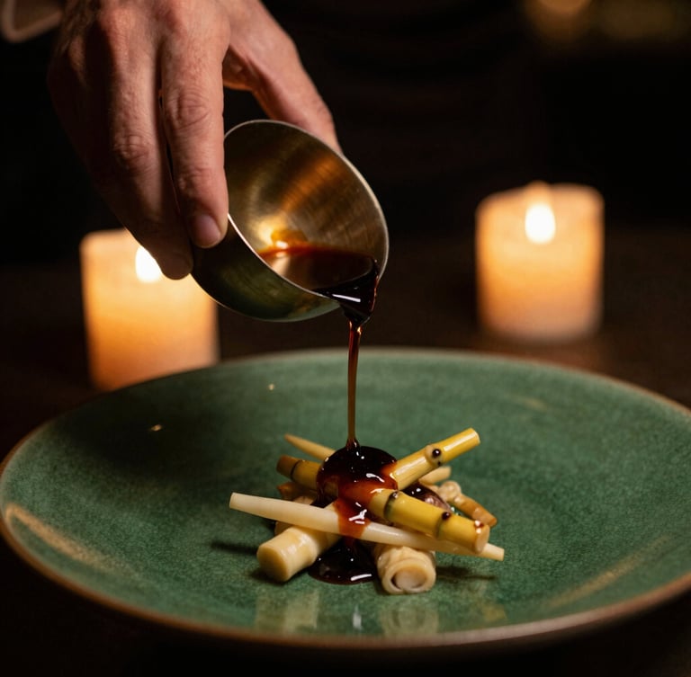 Moody editorial close-up of a chef's hands pouring a rich, dark reduction sauce over a dish garnished with delicate bamboo shoots, warm candlelight casting long shadows, shallow depth of field, portrait aspect.
