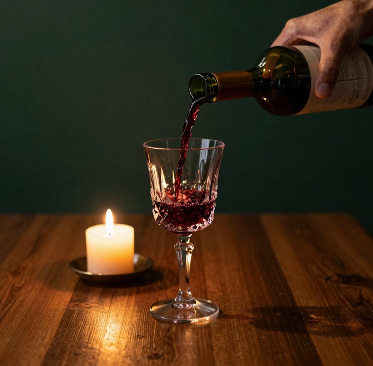 A close-up of a hand pouring red wine into a crystal glass on a candlelit wooden table, rich shadows, warm golden glow, deep green background, moody editorial food photography