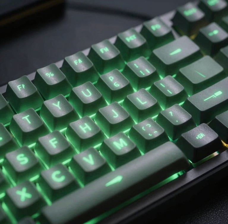 Macro close-up of a mechanical keyboard on a dark desk, glowing green status lights, sharp focus on keycaps, moody ambient studio lighting