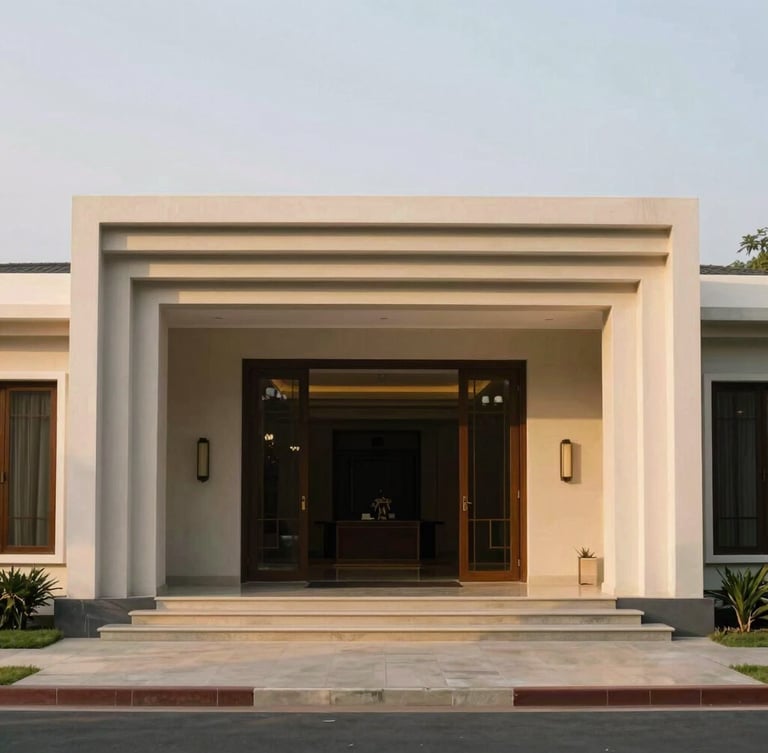 Wide architectural shot of a luxury Sri Lankan villa's entrance, emphasizing security and precision, soft golden hour light, clean geometric lines, muted earth tones, medium-format film