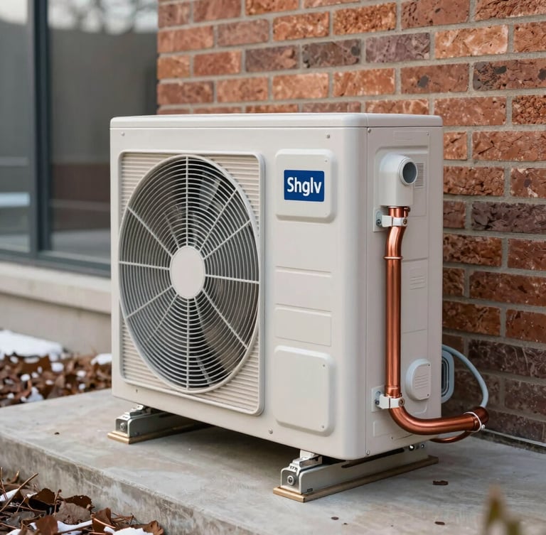 Close-up of a high-performance heat pump outdoor unit installed on a clean concrete pad against a modern brick wall, crisp winter lighting, focus on copper line set insulation.