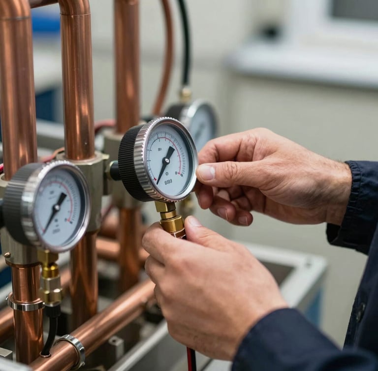 Close-up of a technician's hands in dark-navy uniform adjusting a digital manifold gauge connected to copper refrigerant lines, sharp focus, natural daylight