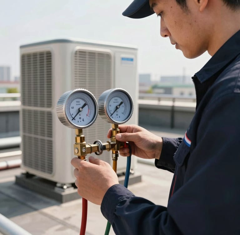 A close-up of a TSSA-licensed technician in a dark navy uniform measuring manifold gauge pressures on a commercial rooftop HVAC unit, crisp daylight, high-contrast industrial setting.