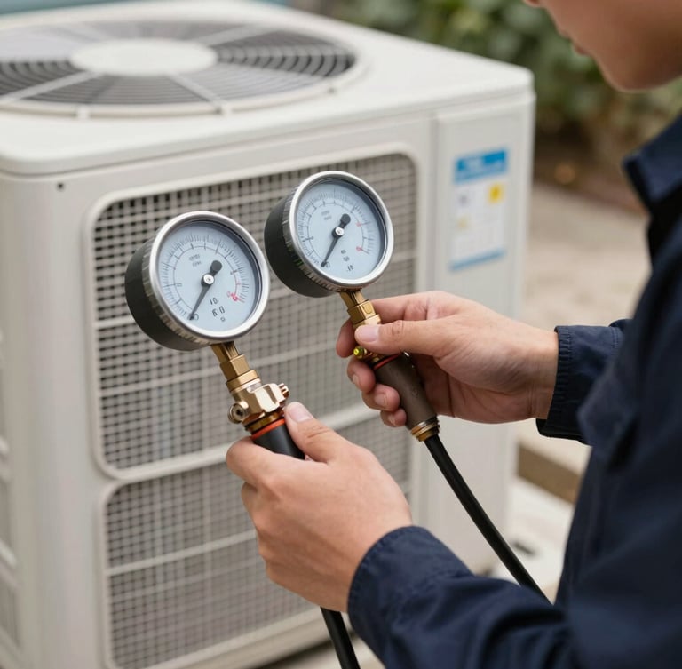 Tight close-up of a technician's hands in dark-navy uniform using digital manifold gauges to measure refrigerant pressure on a newly installed outdoor cooling unit, crisp natural daylight