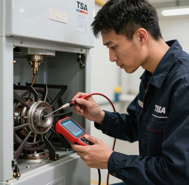 Crisp, high-contrast portrait of a TSSA-licensed technician in a dark navy uniform inspecting a modern high-efficiency gas furnace burner assembly, focusing on diagnostic tools under sharp ambient light.