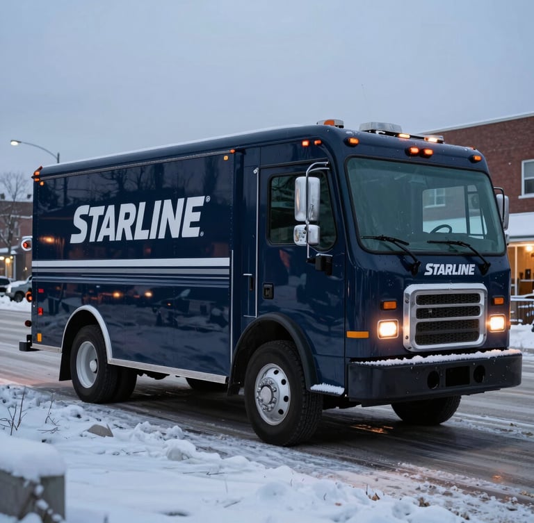 A dark navy Starline HVAC service truck parked on a snowy Toronto street at dusk, crisp winter lighting, clean branding visible on the side panel.