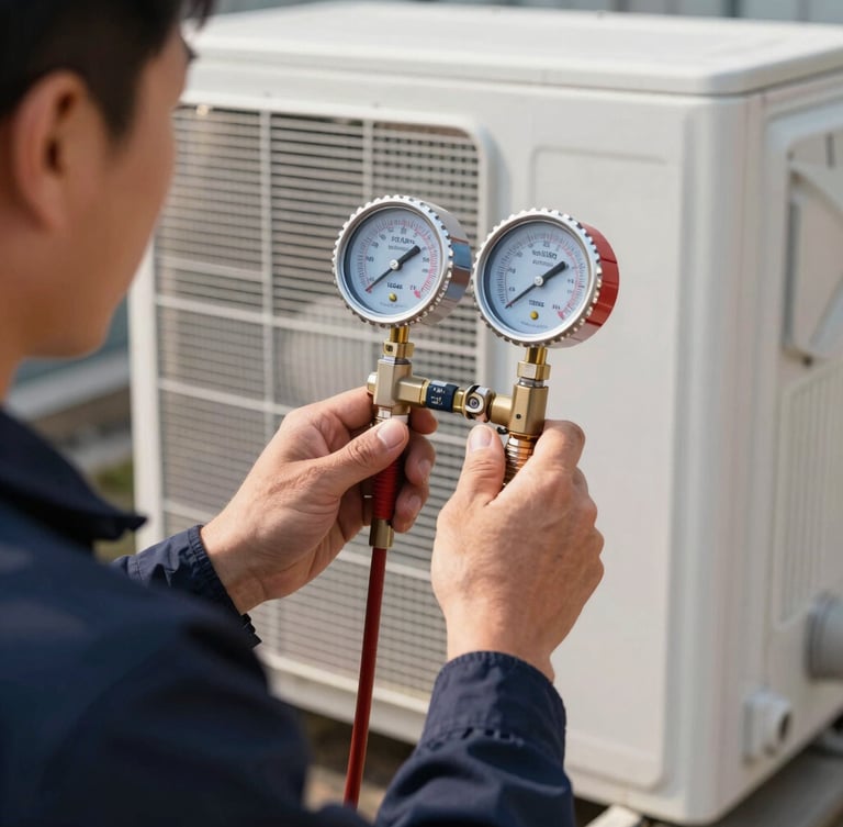 Close-up of a TSSA-licensed technician in a dark navy uniform adjusting digital manifold gauge readings on an outdoor air conditioning condenser unit, crisp morning light, sharp focus.