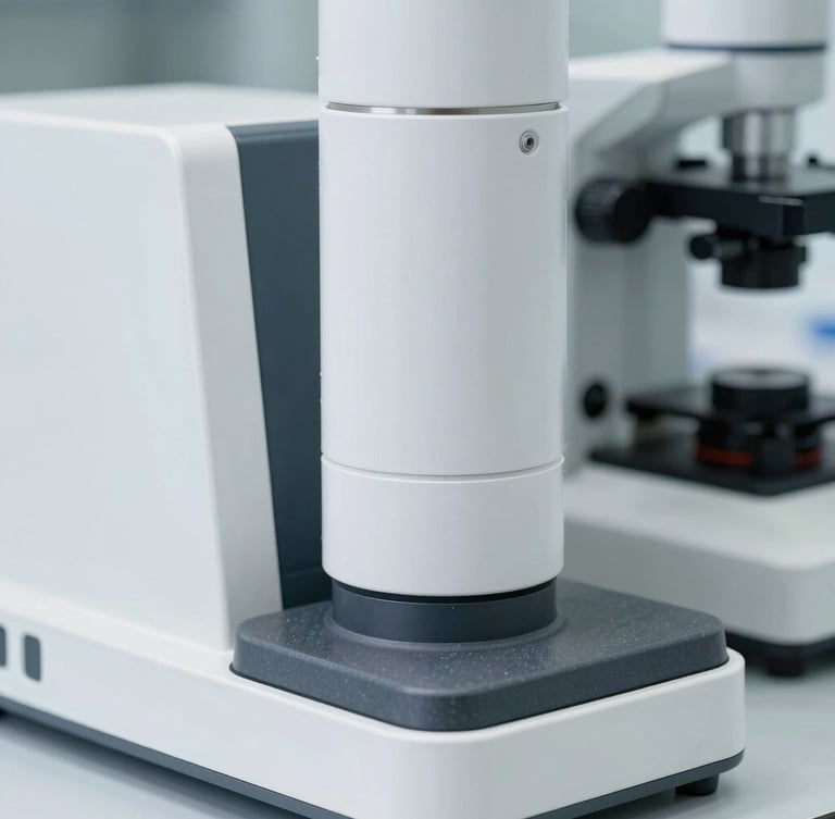 Close-up of high-end laboratory equipment with clean daylight, crisp white and slate tones, sharp focus.