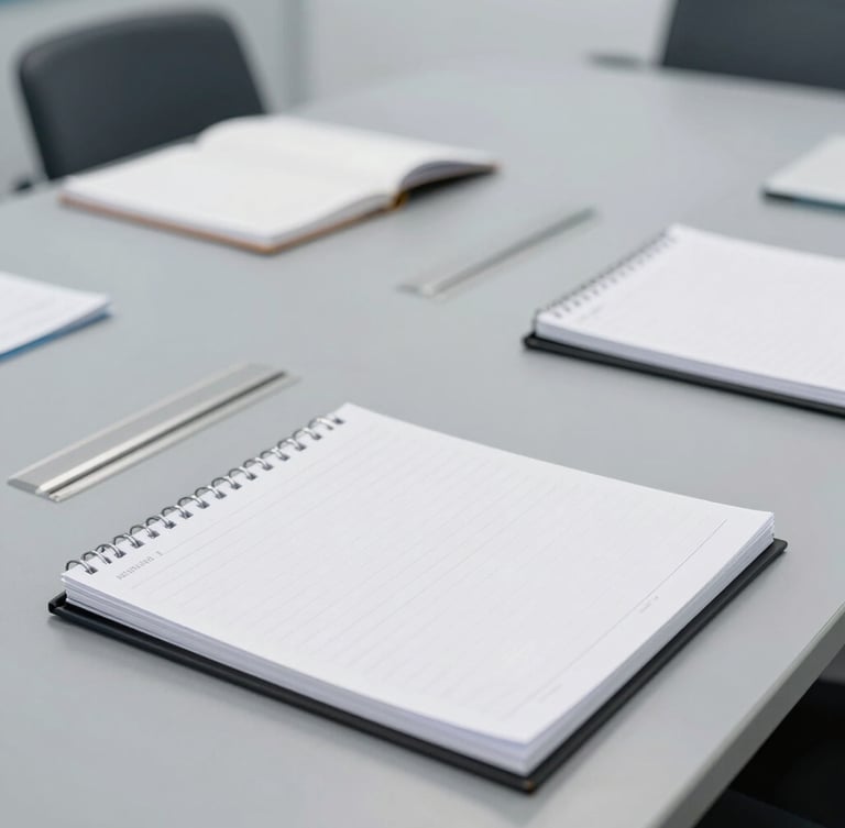 Clinical editorial photography of a structured corporate workshop environment, clean daylight illuminating a modern slate-grey conference table with structured notebooks, sharp focus, macro lens.