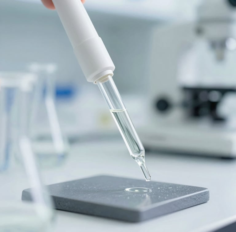 Clinical editorial photography of a high-end laboratory environment, macro close-up of glass pipettes and scientific equipment under clean daylight, crisp white and slate tones, sharp focus.