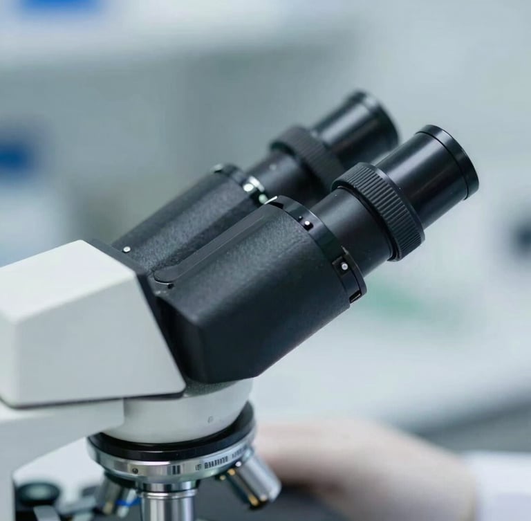 Close-up macro photography of a clinical researcher in a sterile environment, focusing on a microscope eyepiece, clean laboratory daylight, sharp focus.
