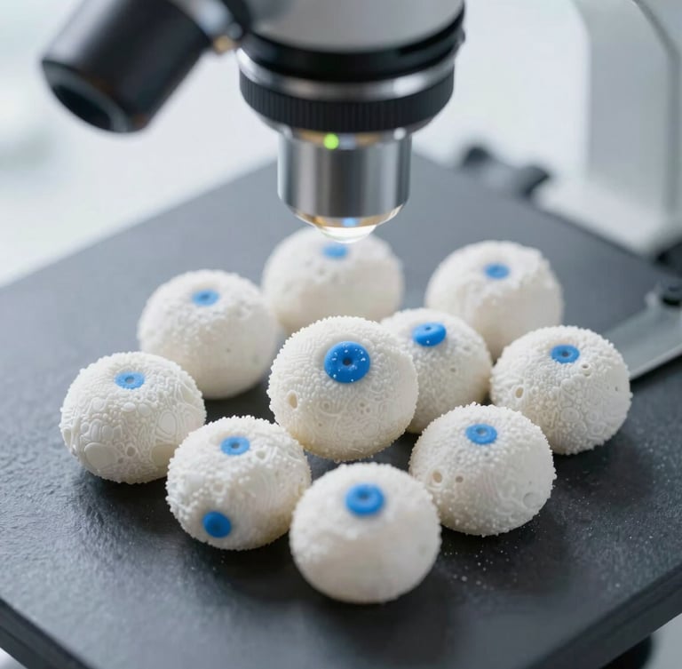 Macro close-up of cellular-like structures under a clinical microscope, sharp focus, clean laboratory daylight, slate and high-visibility signal blue accents.