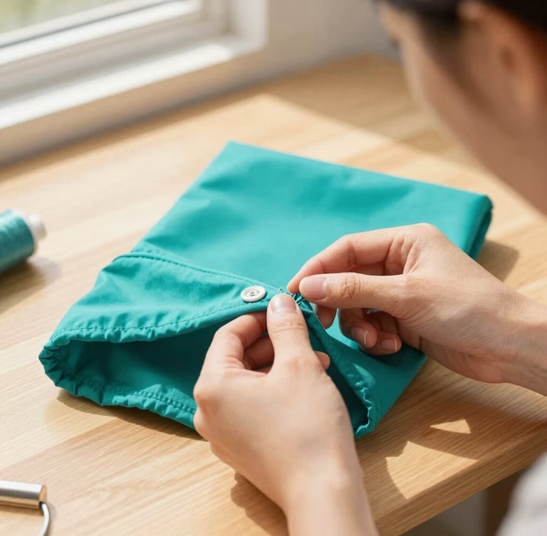 Eye-level close-up of artisan hands stitching a vibrant teal pet shirt on a clean wooden table, warm sunlight filtering through a window, shallow depth of field