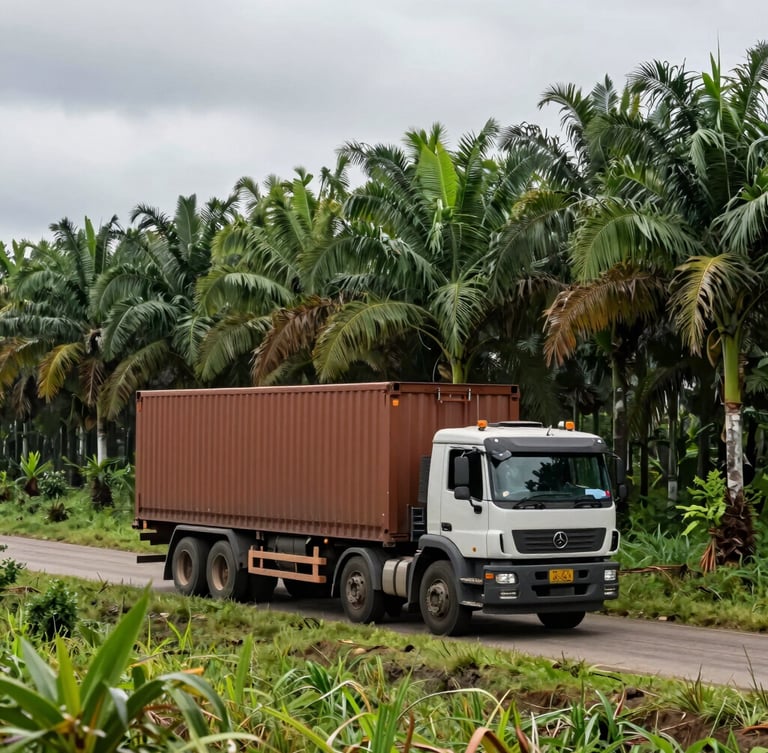 Wide environmental shot of a heavy-duty logistics truck driving through a lush palm oil plantation in Kalimantan, overcast daylight, deep forest green tones, editorial industrial photography