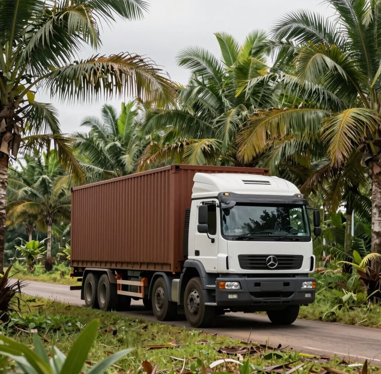 Wide shot of a modern heavy-duty logistics truck driving through a lush palm oil plantation in Kalimantan, overcast natural daylight, editorial industrial photography.