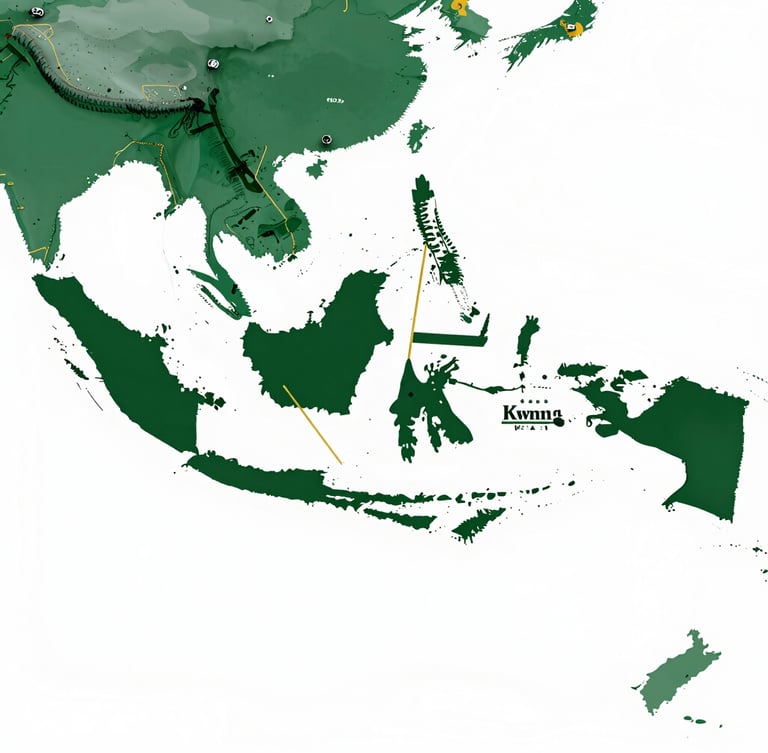 A clean corporate map of Indonesia with highlighted shipping routes focusing on Kalimantan, showing maritime and land distribution paths, minimalist design with deep forest green and gold accents.