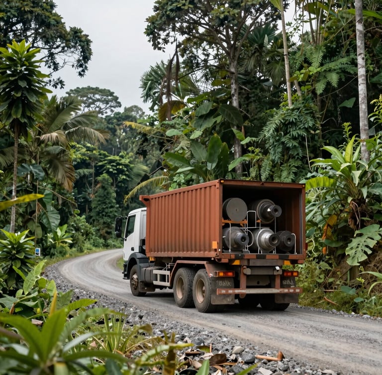 Heavy duty logistics truck transporting industrial parts on a gravel road winding through a dense Indonesian plantation forest, natural overcast daylight, rich green tones