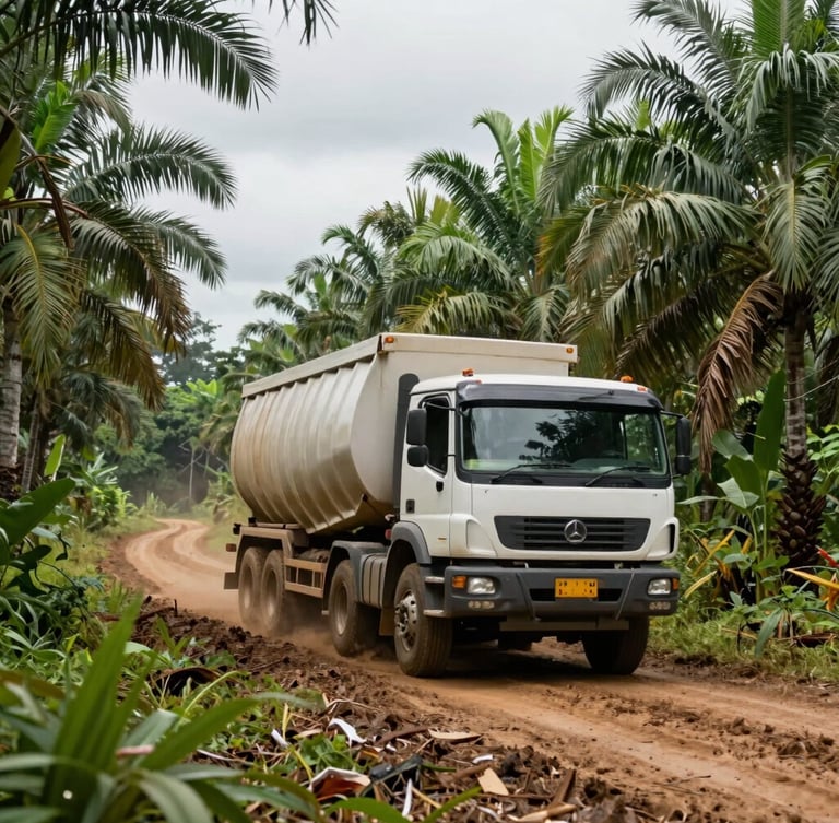 Wide shot of heavy supply truck navigating a muddy plantation road in Kalimantan, dense oil palm trees in background, overcast daylight, 35mm lens