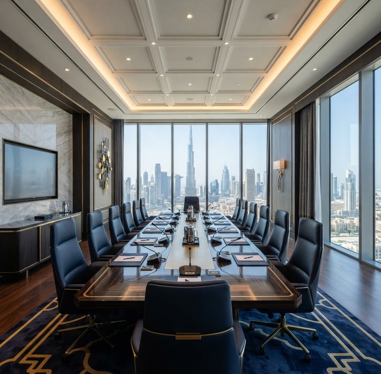 Wide-angle architectural perspective of a modern executive boardroom in Dubai, crisp natural daylight, deep navy and warm gold tones, 35mm