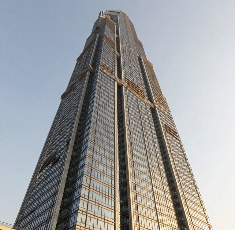 Low-angle architectural perspective of a towering modern steel and glass skyscraper in the Dubai International Financial Centre, crisp daylight, warm gold reflections