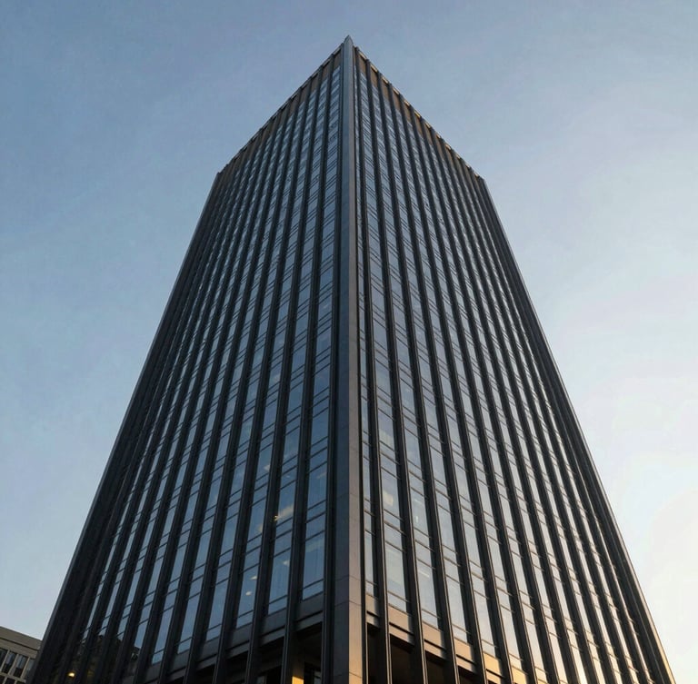 Low-angle architectural perspective of a towering modern corporate headquarters with glass facade reflecting a clear sky, crisp daylight, deep navy tones, 35mm.