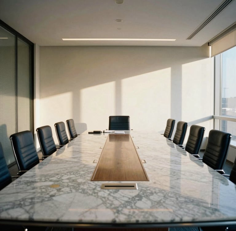 Wide environmental shot of a modern corporate boardroom with a large marble table, polished surfaces reflecting soft architectural lighting, empty chairs, executive discretion, 35mm.