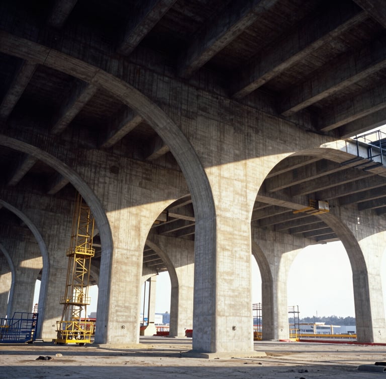 Wide-angle architectural perspective of a massive infrastructure project, concrete arches and steel structures under bright, natural daylight, representing global scale, 35mm.
