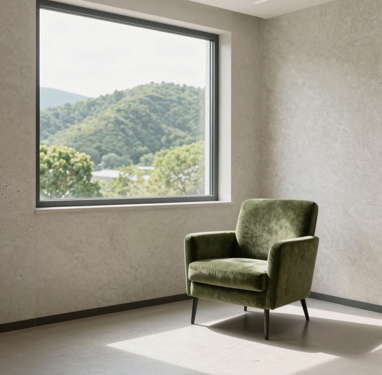 Soft natural daylight illuminating a pristine, modern clinical consultation room with travertine walls, a minimalist olive green velvet armchair, and a large window showing lush green hills in the distance.