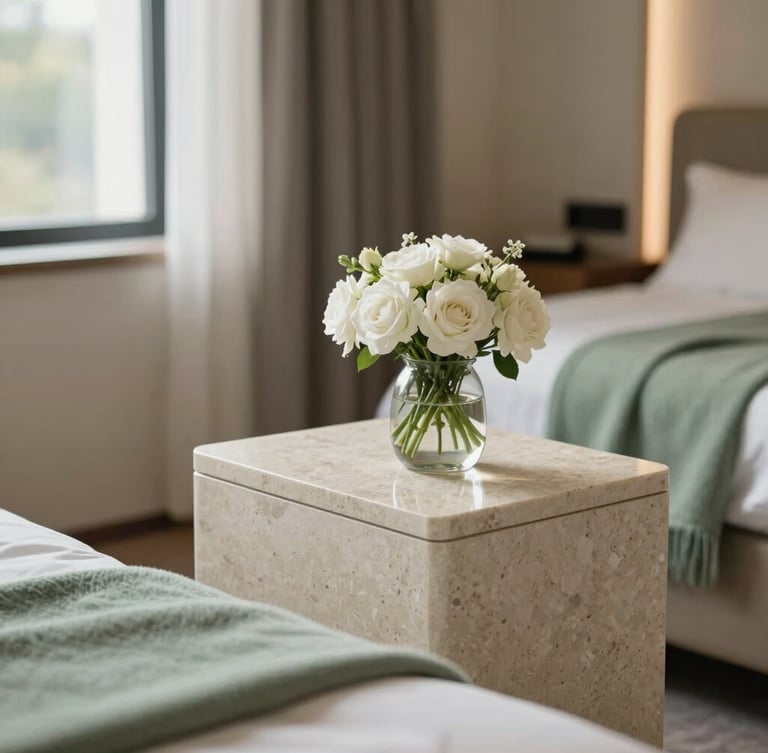A close-up of a luxury private recovery room, minimalist travertine bedside table with fresh white flowers, a soft sage green throw blanket, diffused warm window light.