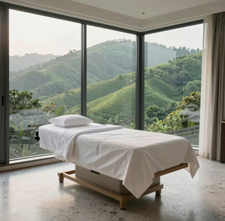 Serene wide-angle photograph of a luxury recovery suite overlooking lush green hills, soft morning light filtering through floor-to-ceiling windows, minimalist travertine floors, comfortable clean linens.