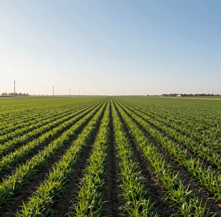 Wide environmental shot of a modern agricultural field with structured green crop rows under bright, clear morning light, showing vast scale and precision farming