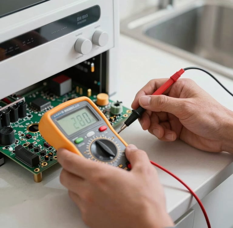 Close-up macro shot of a certified technician's hands using a digital multimeter to test a control board inside a premium modern kitchen, bright clean natural daylight, focused technical composition.