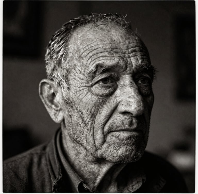 Dramatic close-up portrait of an elderly artisan in Ordu, deep facial lines, soft side lighting, dark moody background, high-contrast monochrome, fine art photography style