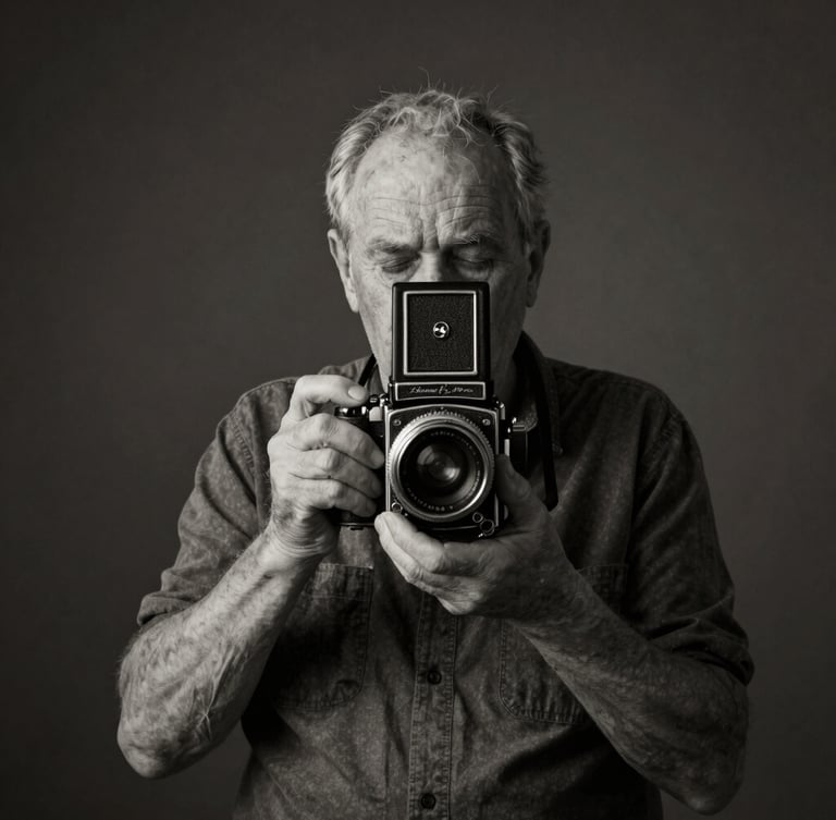 Fine art portrait of an old photographer holding a vintage medium format camera, dramatic chiaroscuro lighting, dark studio background, monochrome