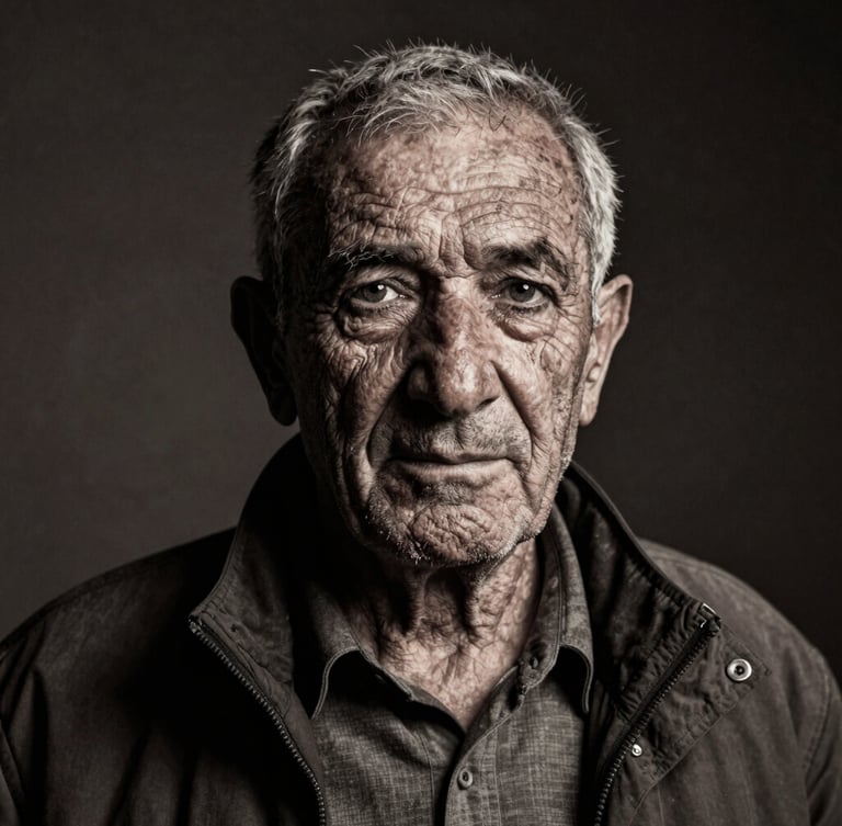 Fine art dramatic portrait of an elderly Turkish mountaineer in Ordu, deep expressive wrinkles, intense gaze, chiaroscuro lighting, dark studio background, medium format film texture.