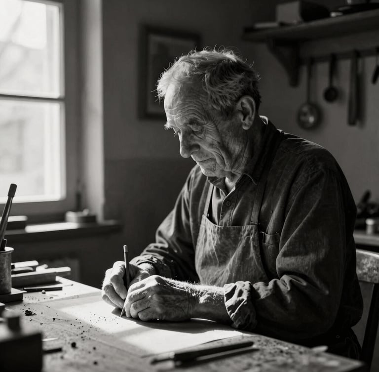 Intimate portrait of an old Ordu craftsman in his dark wooden workshop, dramatic chiaroscuro lighting, natural window light hitting his hands, fine art photography