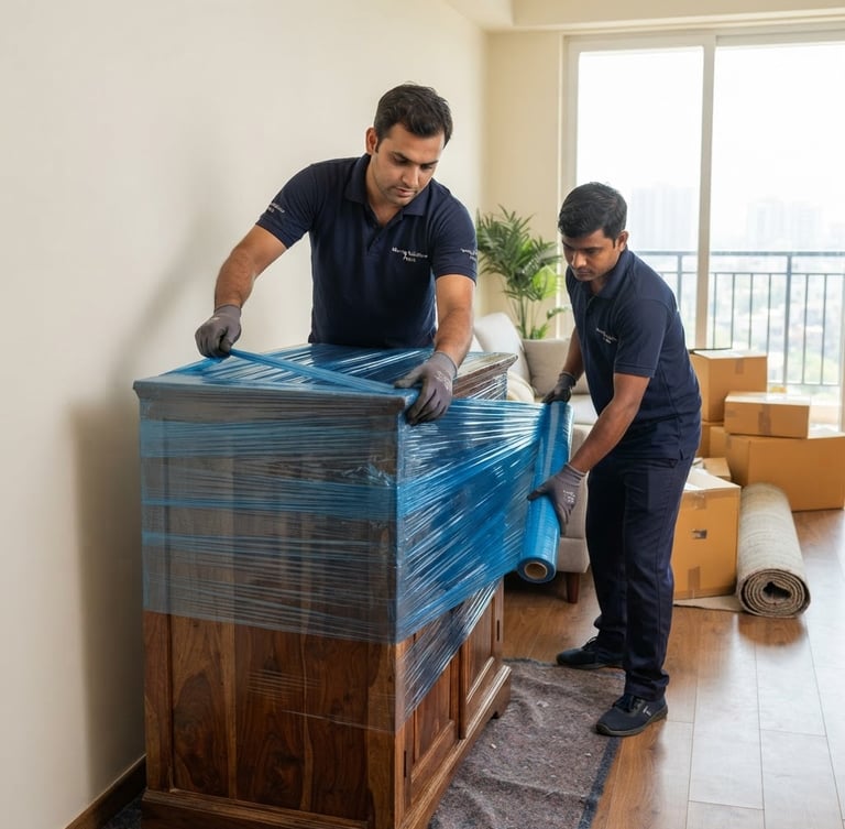 Medium shot of professional moving crew in uniform carefully wrapping a wooden cabinet with blue multi-layer protective film inside a modern Patna apartment, bright natural daylight, high-contrast