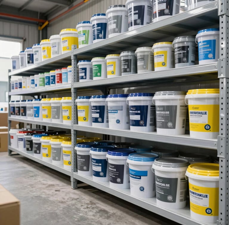 Sharp commercial photography of a clean, well-lit construction materials warehouse, organized shelves with buckets of waterproofing products and sealants, bright daylight, 35mm lens