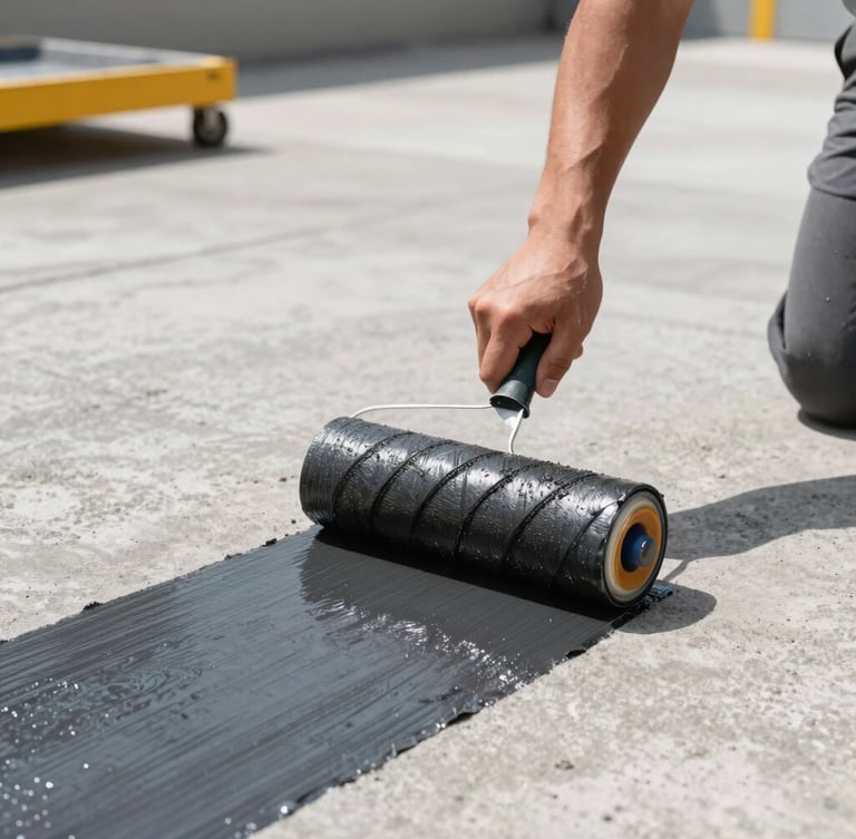 Close-up of a professional worker applying a dark liquid waterproofing membrane onto a clean concrete surface with a roller, bright daylight, sharp focus on the texture of the product.