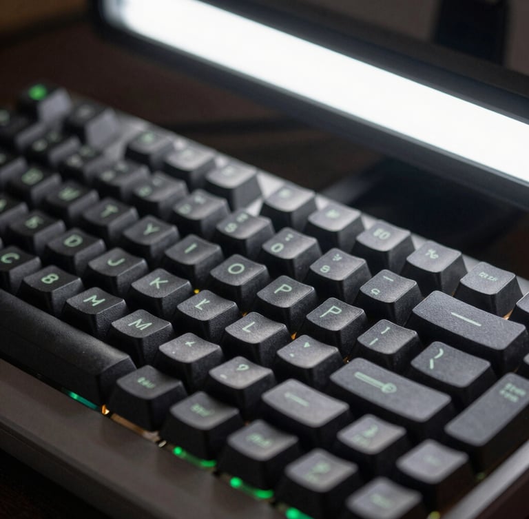 Macro shot of a mechanical keyboard under a single monitor lightbar, matte black keycaps, subtle terminal green indicators, shallow depth of field