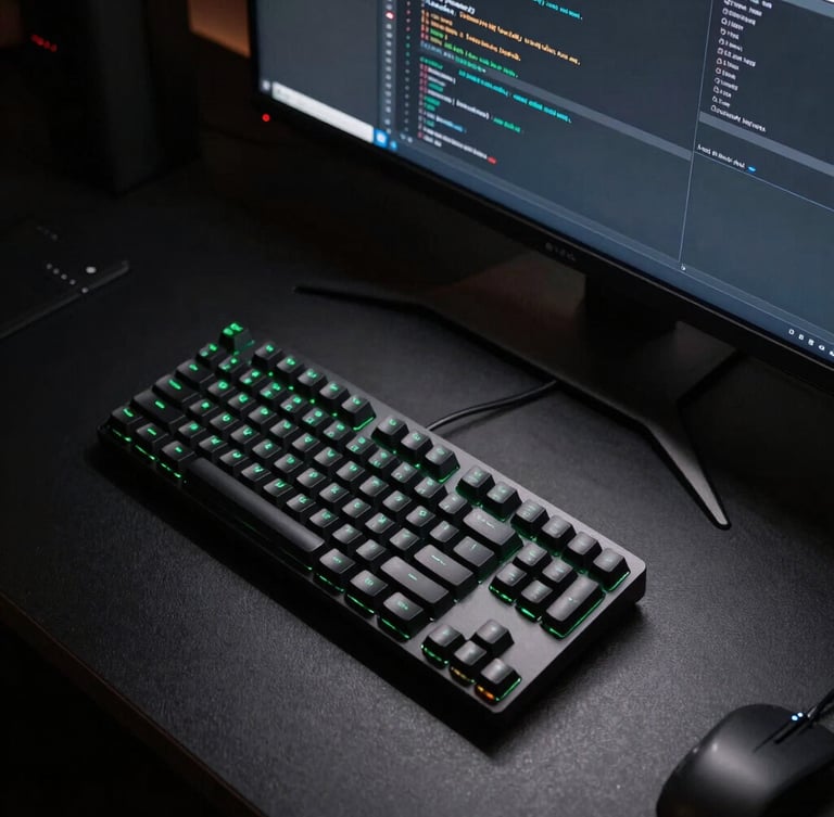 Tight overhead shot of an immaculate matte black desk setup, a mechanical keyboard with subtle green backlighting, a clean coding interface on a wide monitor, single lightbar illumination, dark shadows.